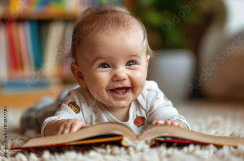 cute baby smiling and reading children's book