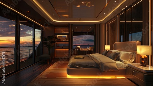 A modern and luxurious bedroom on the yacht with large windows overlooking the sea, warm lighting, at night time,
