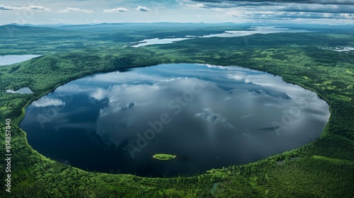 Aerial view of the Manicouagan Reservoir in Quebec, Canada, often referred to as the 'Eye of Quebec,' with its circular s