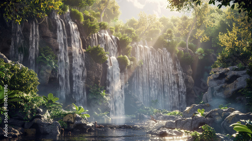  A secluded mountain waterfall oasis  where water cascades over textured rocky cliffs surrounded by lush greenery. 