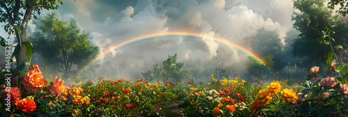 Garden Awakens: Rainbow After Rain   Beautiful garden blossoms under a rainbow after the rain, vibrant flowers and lush greenery in a stunning display of nature s beauty. Photo rea photo