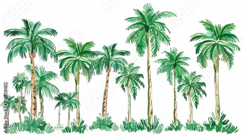 Hand-drawn green palm trees forming a tranquil tropical jungle scene  each tree standing out vividly on an isolated white background