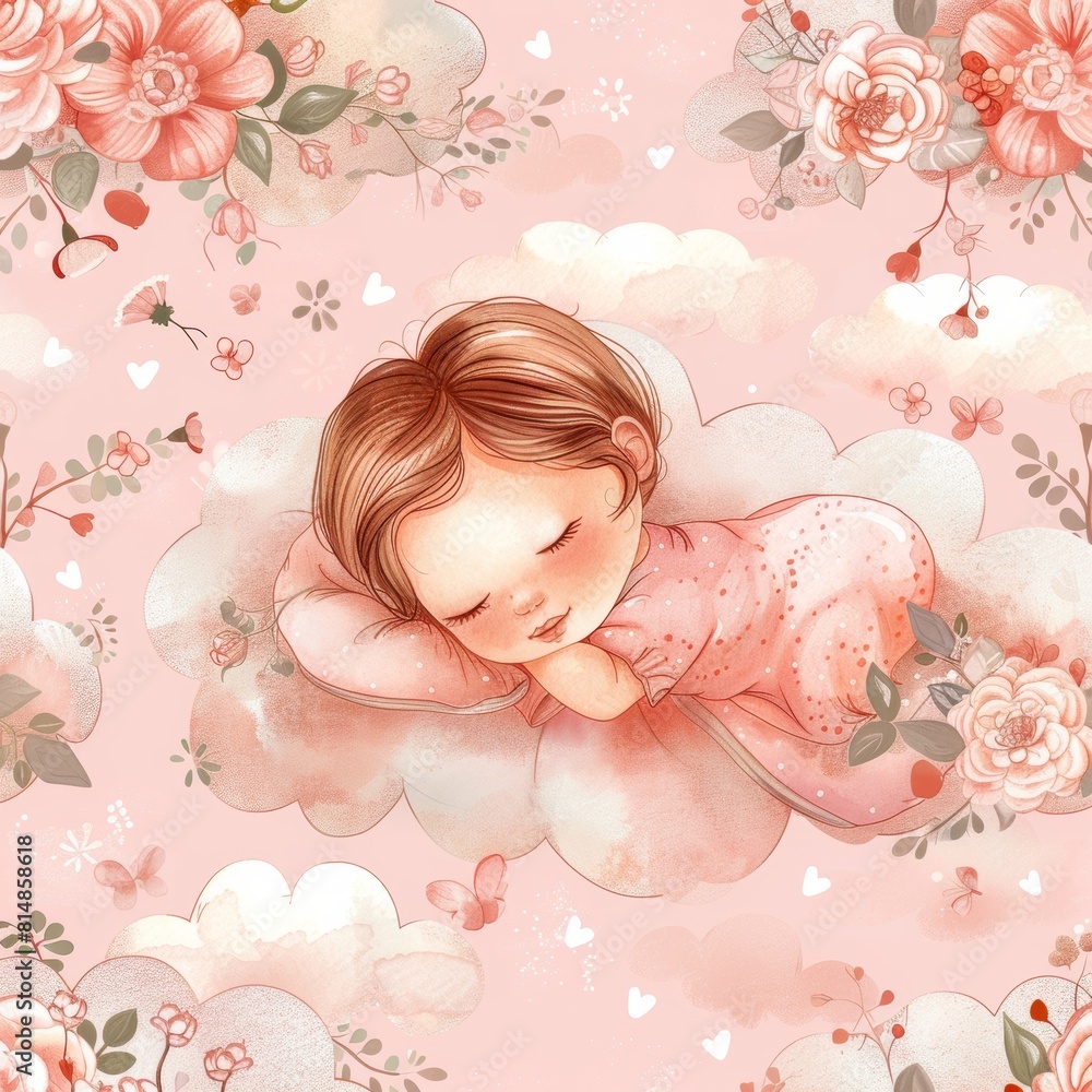 Hand-drawn pattern of a baby princess asleep on a cloud, surrounded by soft pink hues and floral accents on an isolated background Hand-drawn pattern of a baby princess asleep on a cloud, surrounded by soft pink hues and floral accents on an isolated background