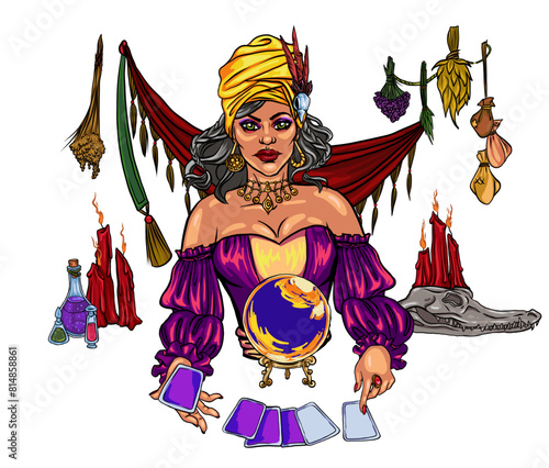Beautiful woman prophetess, fortune-teller holding tarot cards. Color line vector illustration. Boho style for icon, logotype, avatar, tattoo, poster, print design, white isolated background