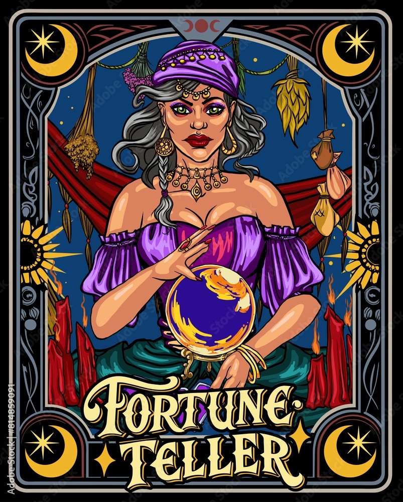Beautiful woman prophetess, fortune-teller  holding tarot cards. Colour line vector illustration. Boho style for icon, logotype, avatar, tattoo, poster, print design