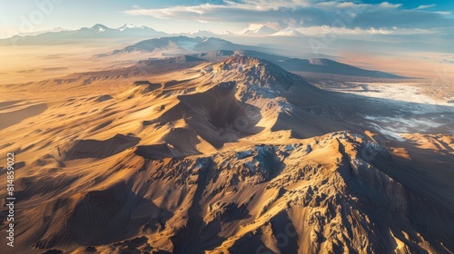 Aerial view of the Atacama Desert in Chile, the driest non-polar desert in the world, featuring a stark and beautiful lan