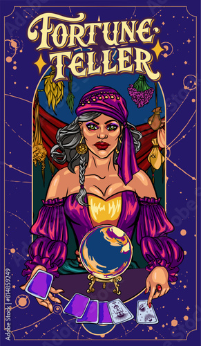 Beautiful woman prophetess, fortune teller with Tarot cards. Color line vector illustration. Boho style for icon, logo, avatar, tattoo, poster, print design,