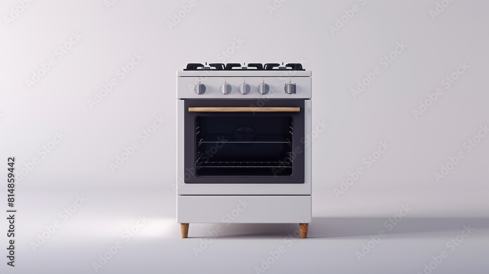 Fototapeta premium A contemporary white kitchen stove featuring sleek design elements, isolated against a plain grey background with minimalist styling.
