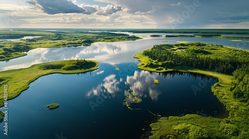 Aerial view of the Miquelon Lake Provincial Park in Alberta, Canada, a peaceful retreat with abundant wildlife and a larg photo