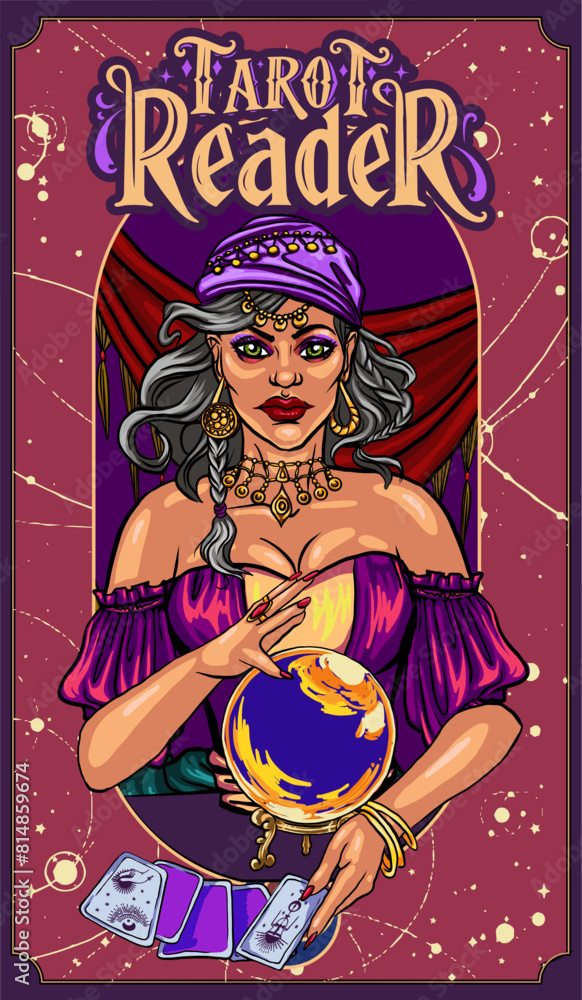 Obraz premium Gypsy fortune teller with magic crystal ball, candles on table, flat vector illustration. Astrology, mystical fortuneteller accessories. Tarot cards, spell book, potion. Occultism, palmistry, esoteric