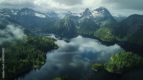 Aerial view of the Strathcona Provincial Park in British Columbia, Canada, a vast wilderness area known for its rugged mo
