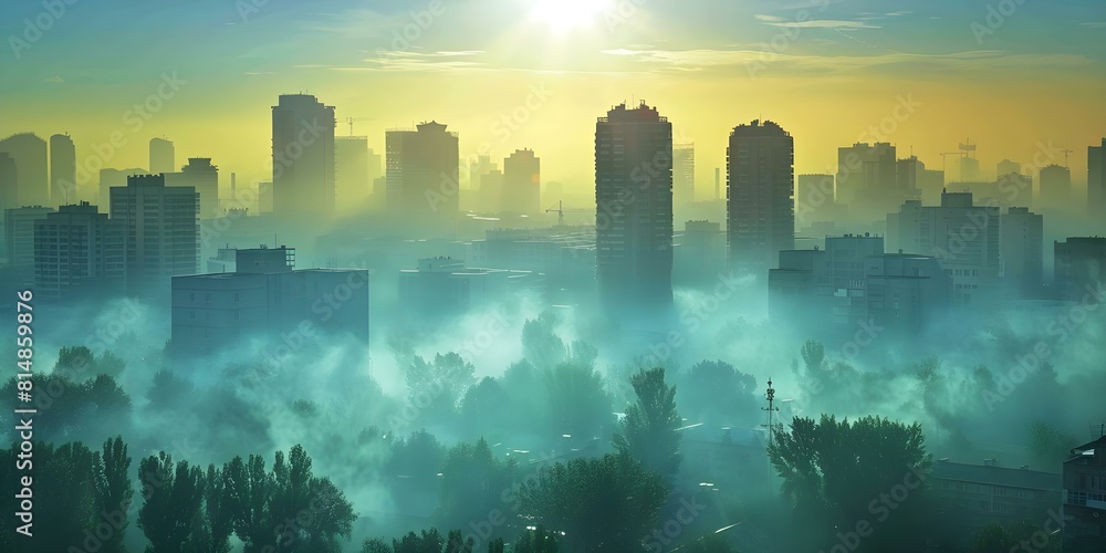 Cityscape with smog and dust pollution creating a toxic and unhealthy ...