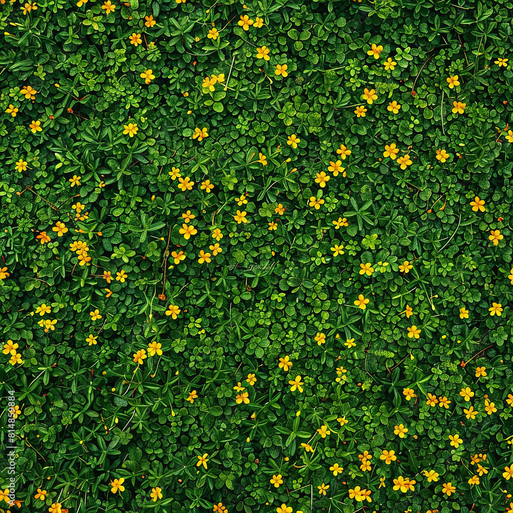 Green grass background with yellow flowers. Top view. Flat lay. Green grass background with yellow flowers. Top view. Flat lay.