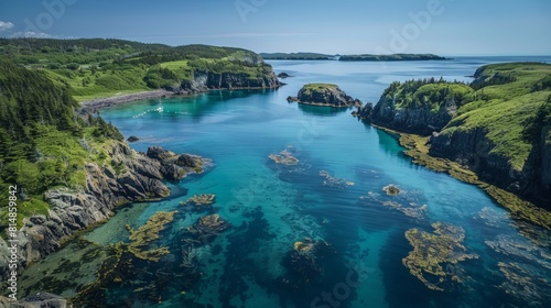 Aerial view of the Shellburne Bay in Newfoundland, Canada, a remote and untouched bay area with vibrant marine life and p