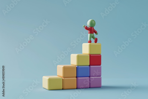 Figurine on colorful block pyramid symbolizing career growth and success.