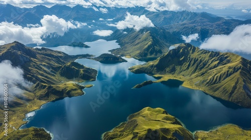 Aerial view of the Nelson Lakes National Park in New Zealand, featuring pristine glacial lakes and rugged mountain peaks,