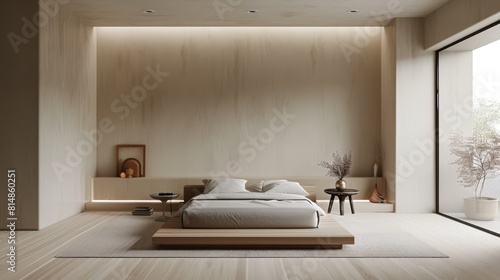 Modern minimalist bedroom with a beige feature wall  low-profile platform bed  and understated decor 