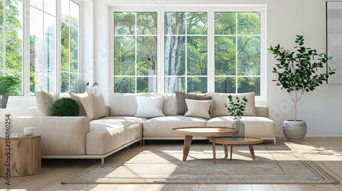 Modern living room with beige minimalist sofa, clean lines, and a low coffee table, natural light flooding through large windows,