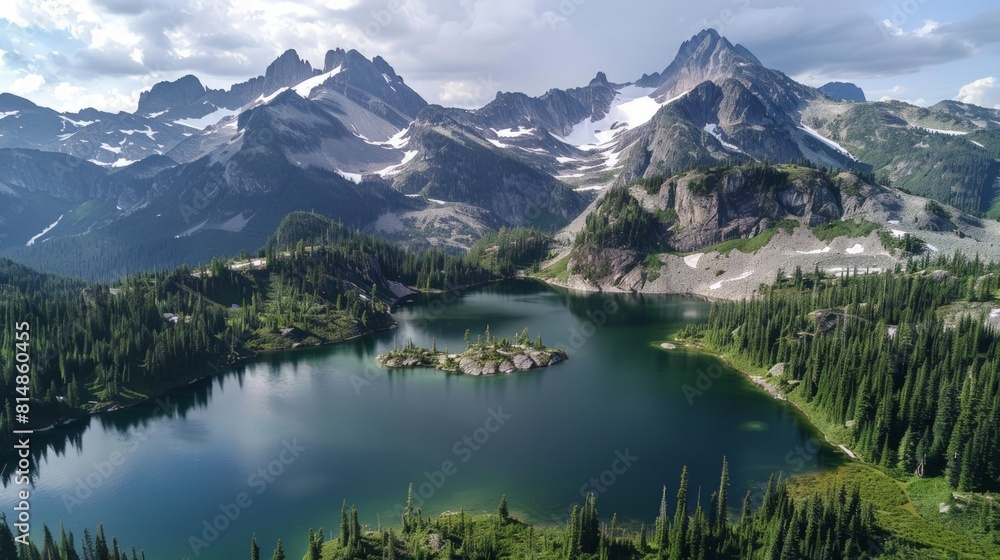 Aerial view of the Valhalla Provincial Park in British Columbia, Canada, a pristine wilderness area featuring majestic mo