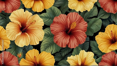 seamless tropical floral pattern of hibiscus on black background