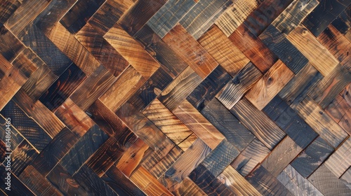 High-resolution overhead shot of reclaimed wood flooring, emphasizing sustainability and unique patterns, photo