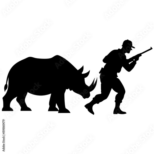 a man hunting rhinoceros in wild nature vector silhouette black color illustration