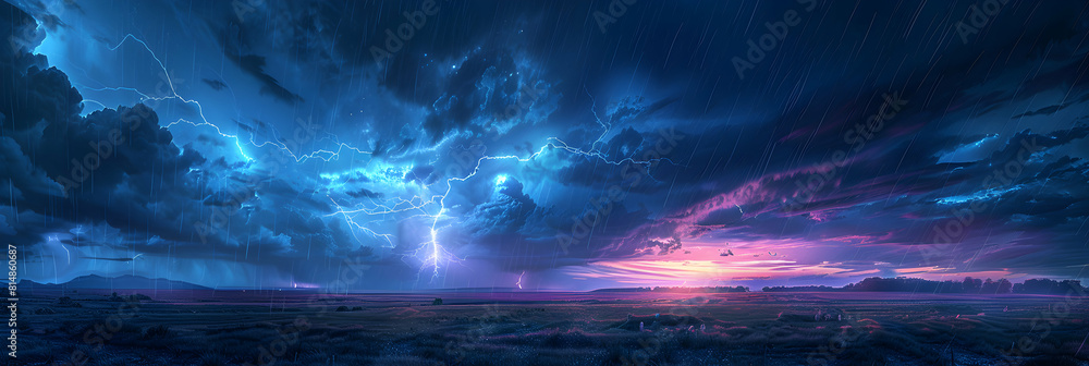 Photo realistic Lightning Over Farmland: A vivid storm above farmland, showcasing expansive landscapes in Adobe Stock Concept