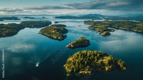 Aerial view of the San Juan Islands in Washington, USA, a serene archipelago known for its stunning seascapes, diverse wi photo