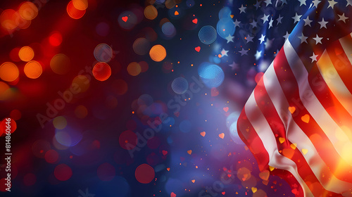 wavy USA flag background over bokeh background with copy space