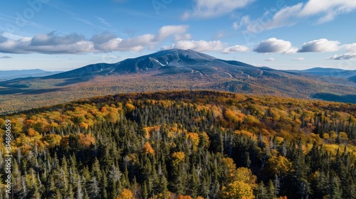 Aerial view of the Mount Mansfield in Vermont, USA, the highest mountain in the state, offering expansive views of the su