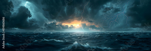 Photo realistic as Lightning Forks Over Open Sea concept Lightning forks dazzlingly over the open sea creating a stunning natural light show on a grand scale. Photo Stock Concept