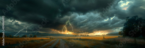 Powerful Lightning Illuminating Farmland: Photo Realistic Image Capturing a Vivid Storm Over Vast Landscapes in Adobe Stock Concept