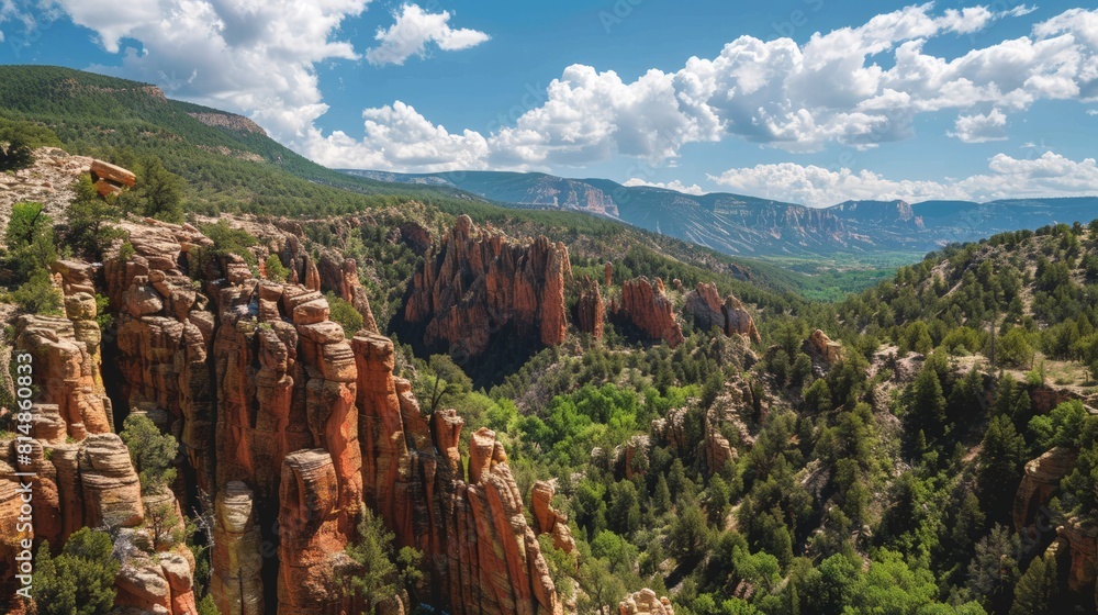 Aerial view of the Jemez Mountains in New Mexico, USA, featuring stunning red rock formations and hot springs, a hidden g