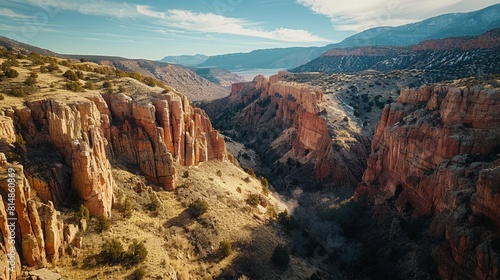 Aerial view of the Jemez Mountains in New Mexico, USA, featuring stunning red rock formations and hot springs, a hidden g photo