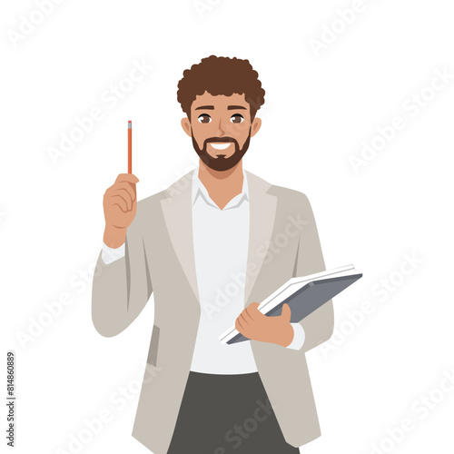 Young businessman holding clipboard with paper account documents. Pointing pen up for idea. Flat vector illustration isolated on white background