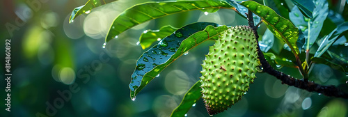 exotic soursop fruit on a tree branch photo