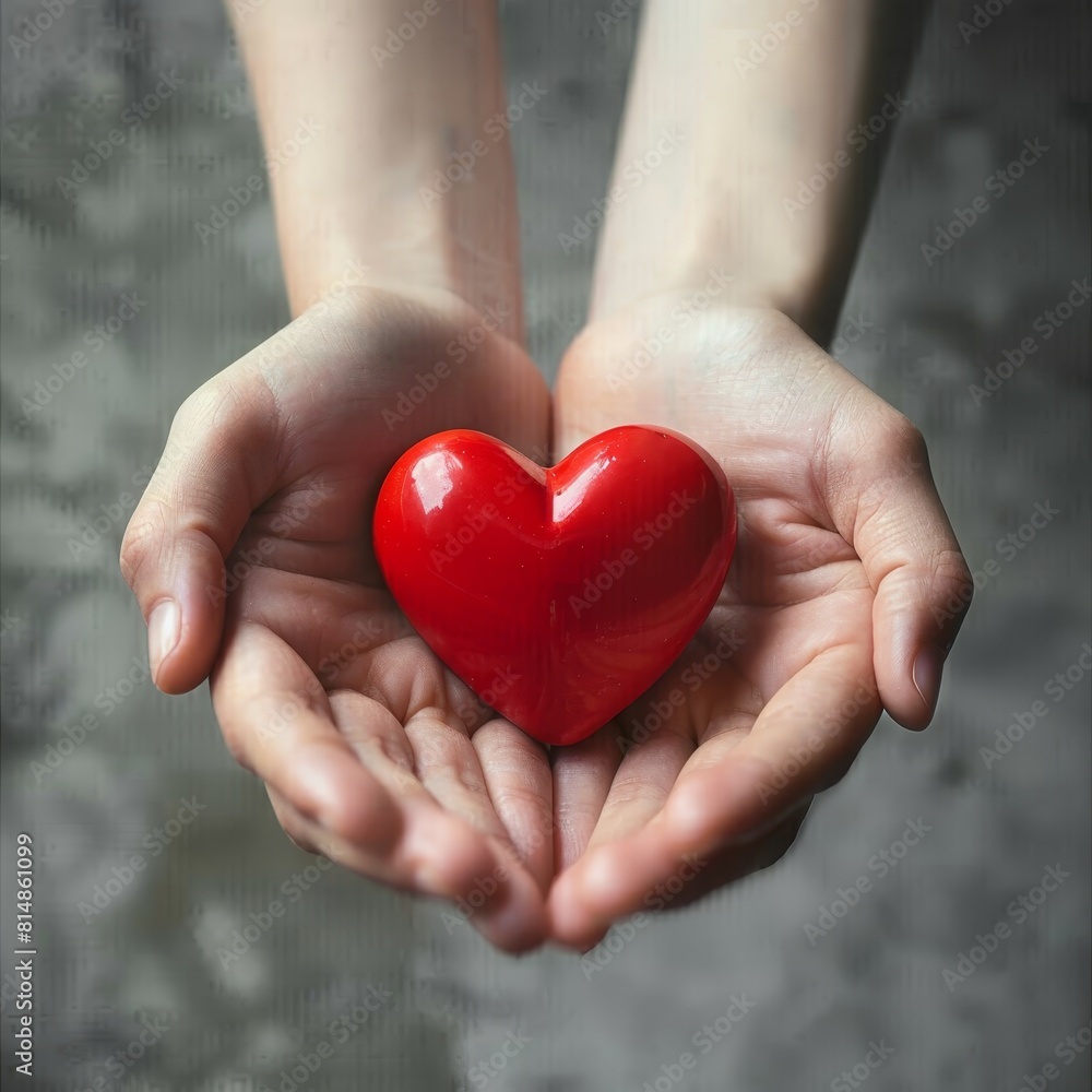 The photo shows a pair of hands cupping a red heart. The background is a dark grey. The photo is taken at a close-up angle. The photo shows a pair of hands cupping a red heart. The background is a dark grey. The photo is taken at a close-up angle.