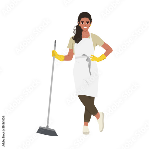 Young indian woman sweep the floor using broom. Flat vector illustration isolated on white background