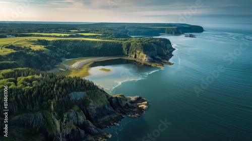 Aerial view of the Bay of Fundy in Canada, known for having the highest tidal range in the world, with dramatic coastline
