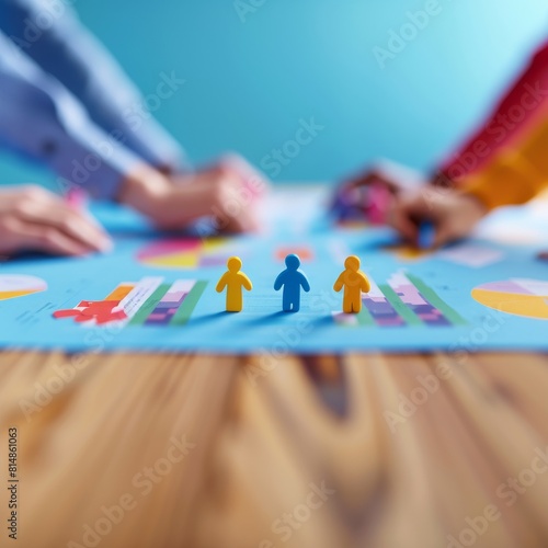 A vibrant, collaborative workspace featuring hands working on a colorful project with paper cutouts of people figures and charts. This dynamic and creative scene is ideal for themes related to teamwor © auc