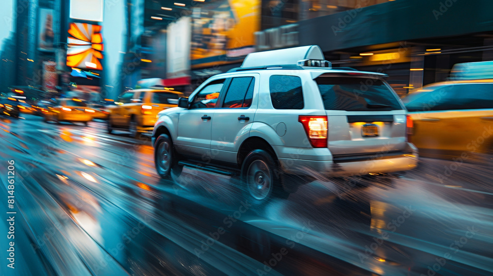 Wheels of a white SUV caught in motion blur, passing yellow cabs on NYC streets at dusk