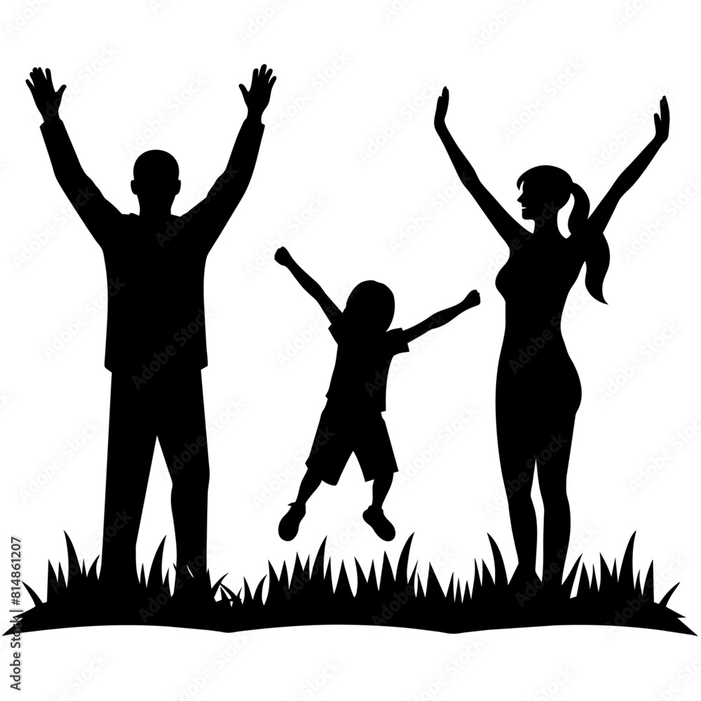 Fototapeta premium a father, mother, and child walking on the grass, enjoying a happy family moment