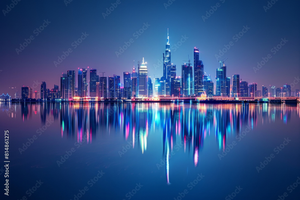Fototapeta premium A glistening city skyline illuminated against the night sky, with dazzling lights reflecting in the calm waters of an urban river.