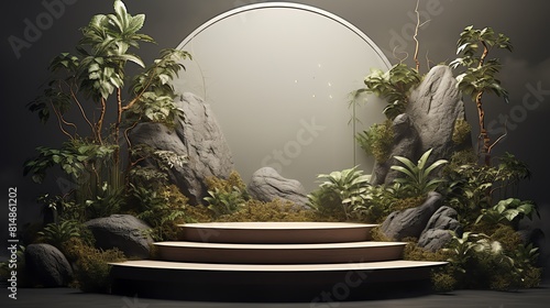 A lush  overgrown jungle scene with a wooden podium in the center. The podium is surrounded by rocks  plants  and flowers. There is a large circular opening in the background.
