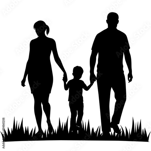 a father, mother, and child walking on the grass, enjoying a happy family moment © Mahmuda