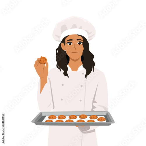 Young housewife chef cook baker woman wearing apron show cookies biscuits on baking sheet. Flat vector illustration isolated on white background