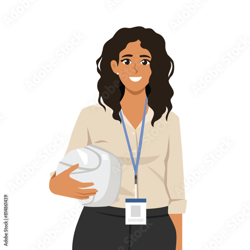 Young latina construction engineer woman holds safety helmet. Flat vector illustration isolated on white background