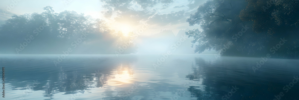 Tranquil Misty Morning: A Serene Lakeside View Captured in Photo Realistic Detail, Ideal for Creating Calm and Peaceful Settings   Concept for Photo Stock