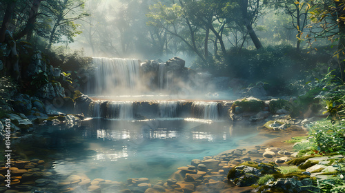 Misty Hot Springs Morning in a Tranquil Forest Serene hot spring emitting mist in early morning light, photo realistic concept