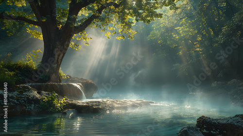 Serene Hot Spring Emits Mist in Tranquil Forest at Dawn Photo Realistic Concept